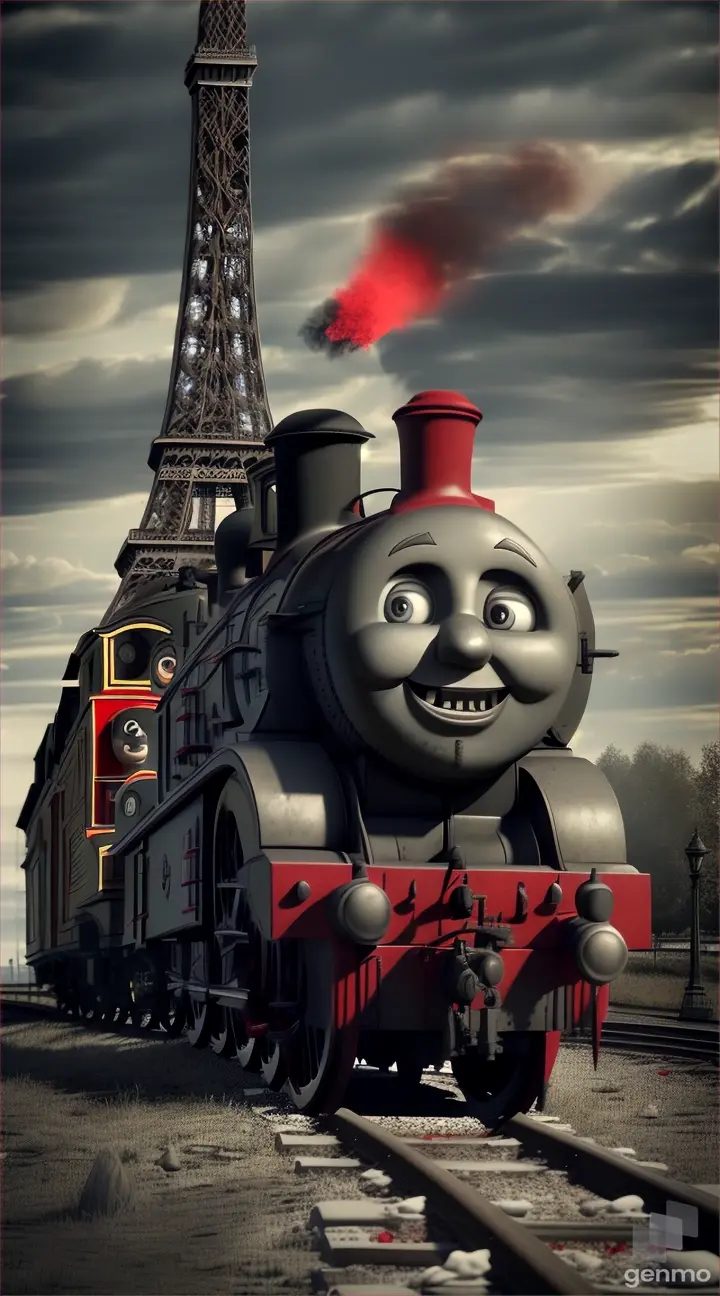 A Thomas the train with creepy red skin meat texture like (zombie), big sharp teeth, realistic, background eiffel tower