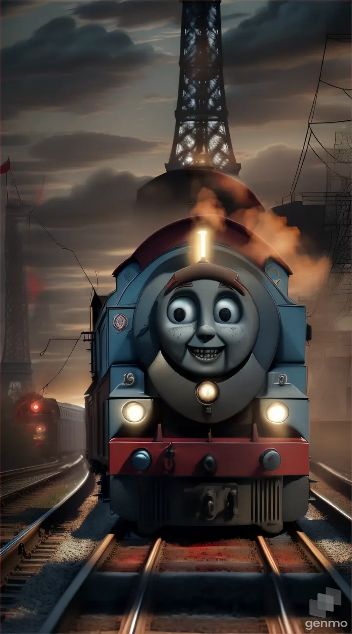 A Thomas the train with creepy red skin meat texture like (zombie), big sharp teeth, realistic, background eiffel tower