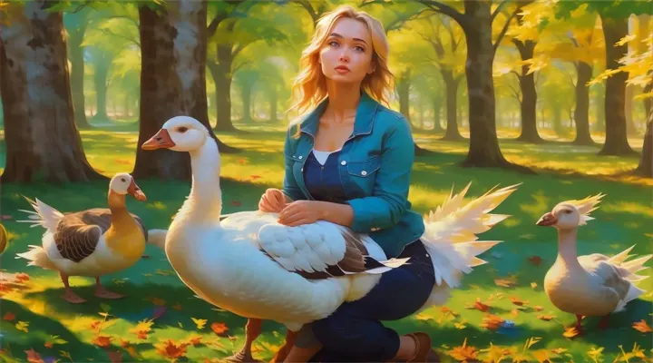 a woman sitting with a goose