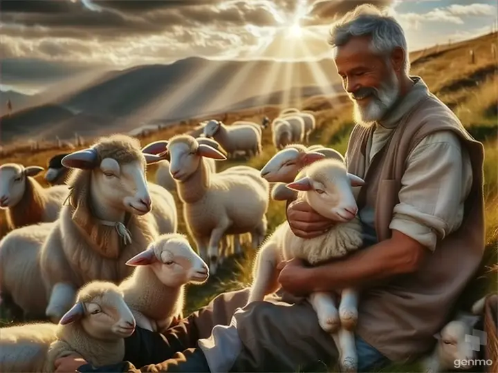 a man holding a lamb in a field of sheep