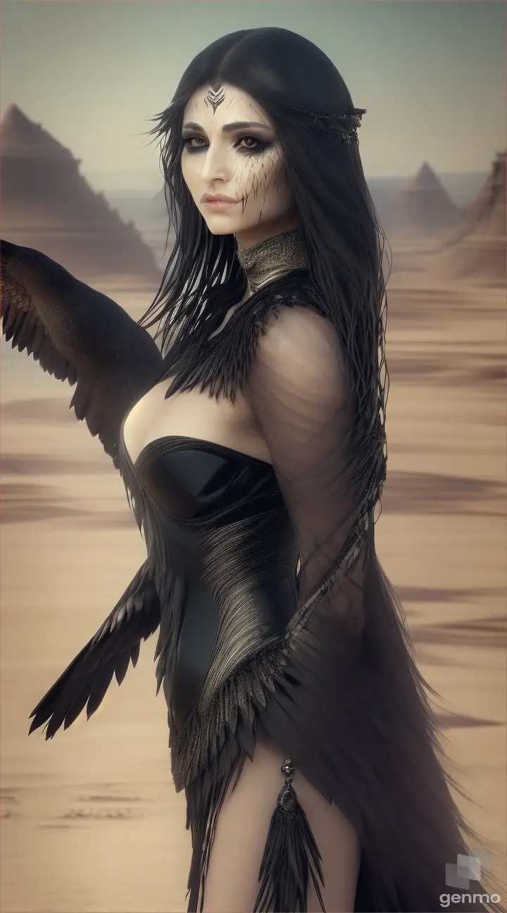 Dark fantasy sorceress blended water and sand, with raven made from drops of black send sitting on her shoulder, walking in the sand in the middle of desert, bones and skulls around. Fantast scene, HDR quality, great details.