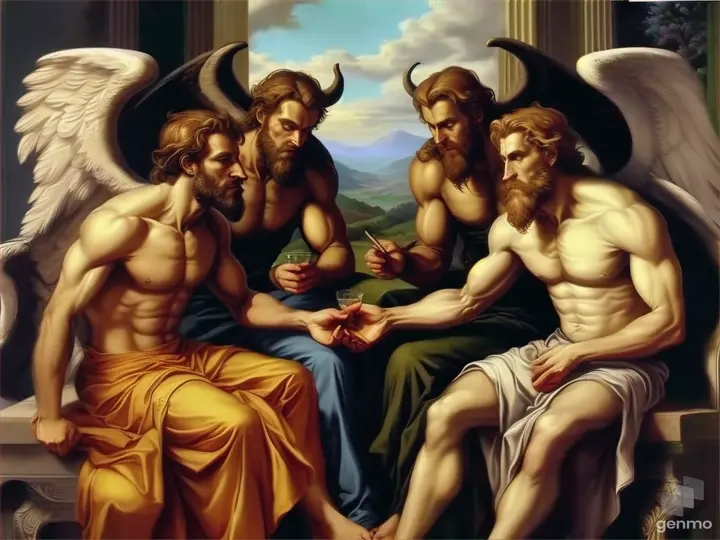 a painting of a group of men sitting next to each other