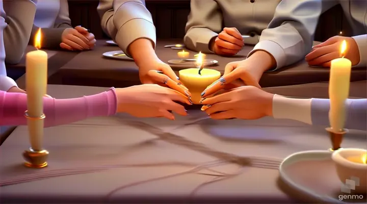 Close-up of intertwined hands reaching across the table, fingers brushing against each other as they share a tender moment amidst the candlelight. 