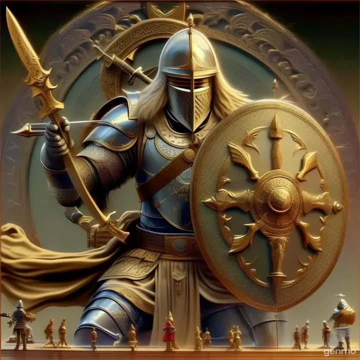 a painting of a knight holding a sword and shield