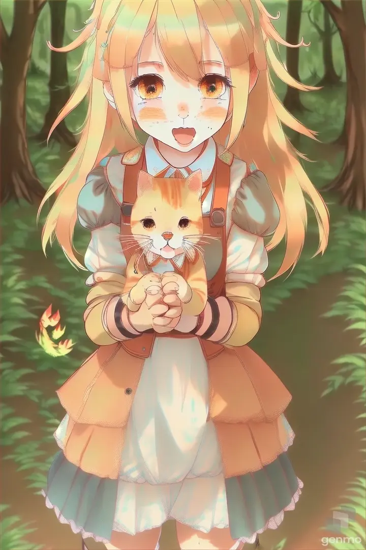 a girl holding a cat in a forest