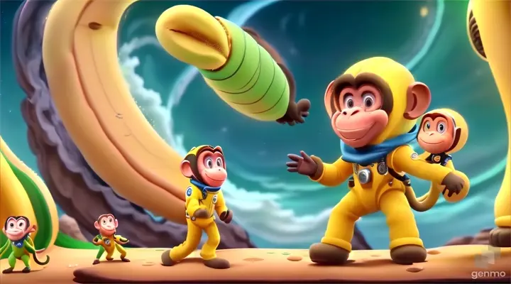 a monkey and a monkey in a yellow space suit standing in planet where lot of banana exist