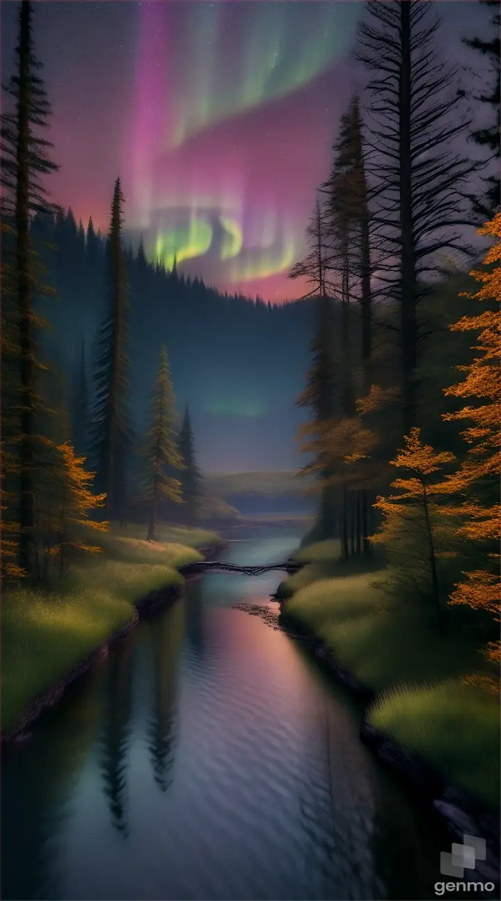 A peaceful meandering stream at night, illuminated by the vibrant colors of the northern lights, the silvery light of a full moon peeking through the dense forest canopy