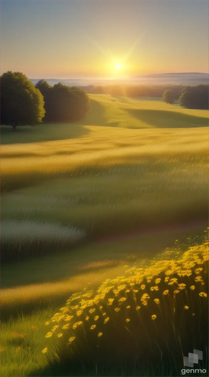 A peaceful meadow glimmering with dew, wildflowers swaying in the gentle breeze, birds chipping on nearby branches