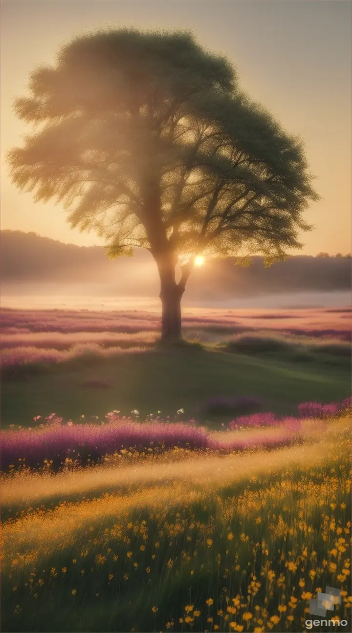 A peaceful meadow glimmering with dew, wildflowers swaying in the gentle breeze, birds chipping on nearby branches