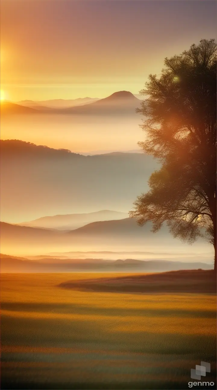 A peaceful meadow bathed in sunrise, misty mountains in the distance, and birds silhouetted by the sun