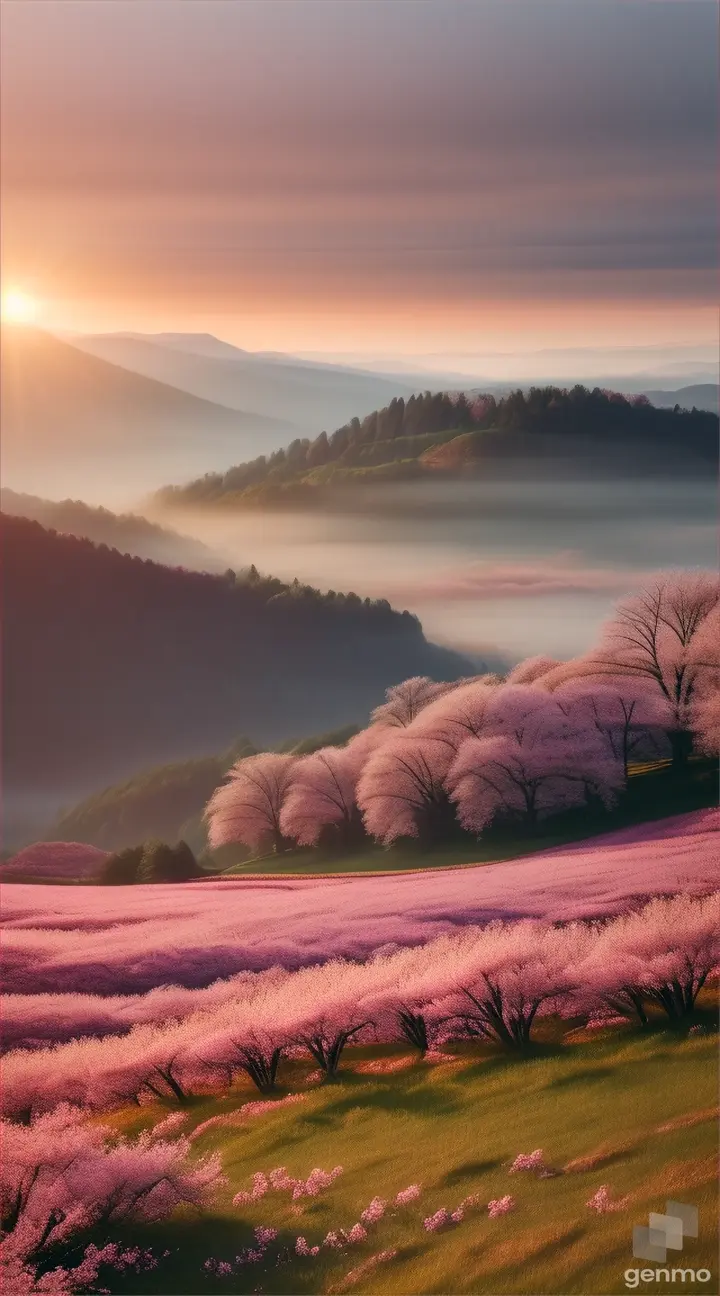 Peaceful meadow bathed in sunrise with pink cherry blossoms in foreground and misty mountains in background.