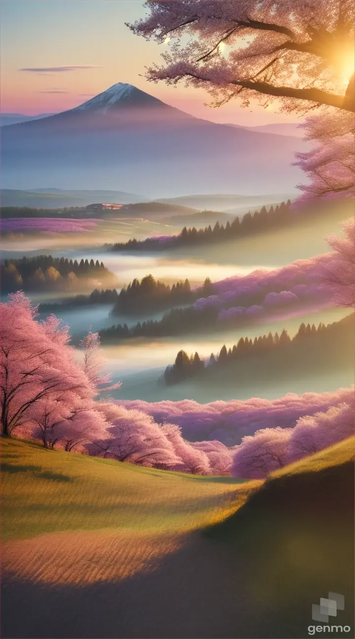 Peaceful meadow bathed in sunrise with pink cherry blossoms in foreground and misty mountains in background.