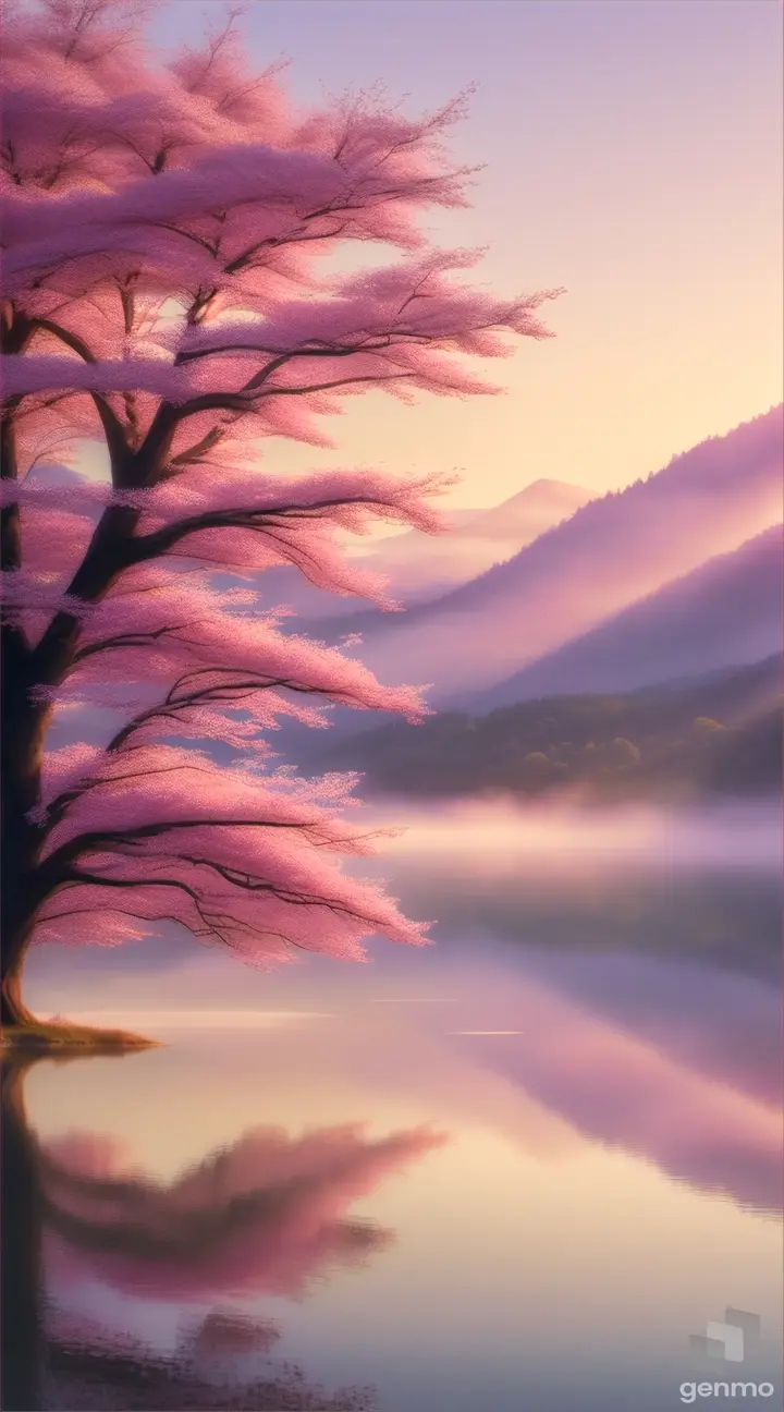Lake surrounded by cherry blossom trees, misty mountains and sunrise in the background