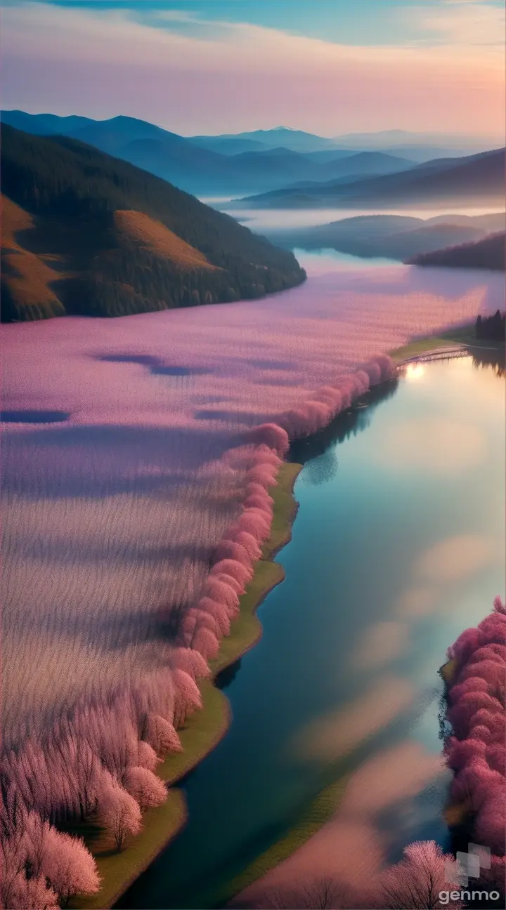 Lake surrounded by cherry blossom trees, misty mountains and sunrise in the background