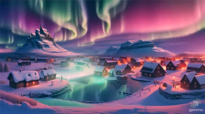 Dazzling aurora borealis over a snow-covered Viking village, magical night, digital art