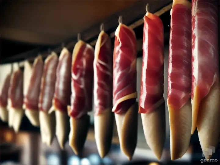 fila di prosciutti e salumi appesi alle travi del soffitto di una trattoria toscana, (large depth of field effect), (focus on the subject), emphasis on foreground elements, sharp focus, soft background,