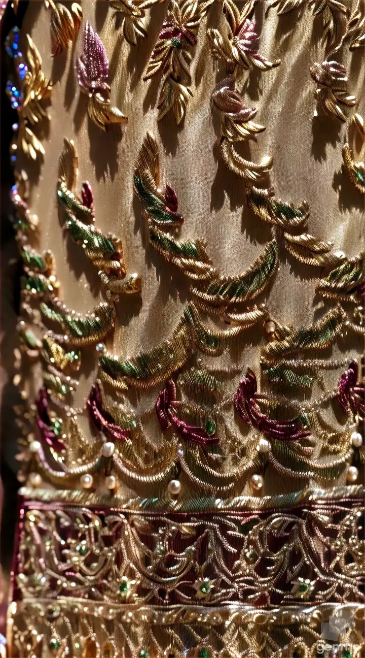 a close up of a gold dress with beads