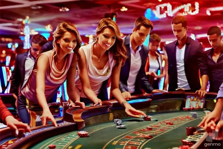 a group of people standing around a casino table