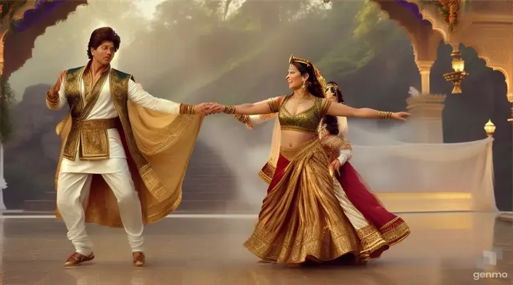 realism/ cinematic / 4k high definition / actor shah rukh khan in indian king costume singing song and actress madhuri dixit in queen costume romantic dancing at beautiful natural place/ background dancers are dancing in mist