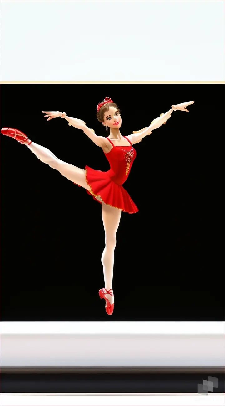 cartoon girl in a red Spanish dress. A ballerina in a Carmen costume dances the Spanish dance of castanets and makes a big jump across the stage. The ballerina has a perfect body, in the image there are only two arms and two legs. Long shot”