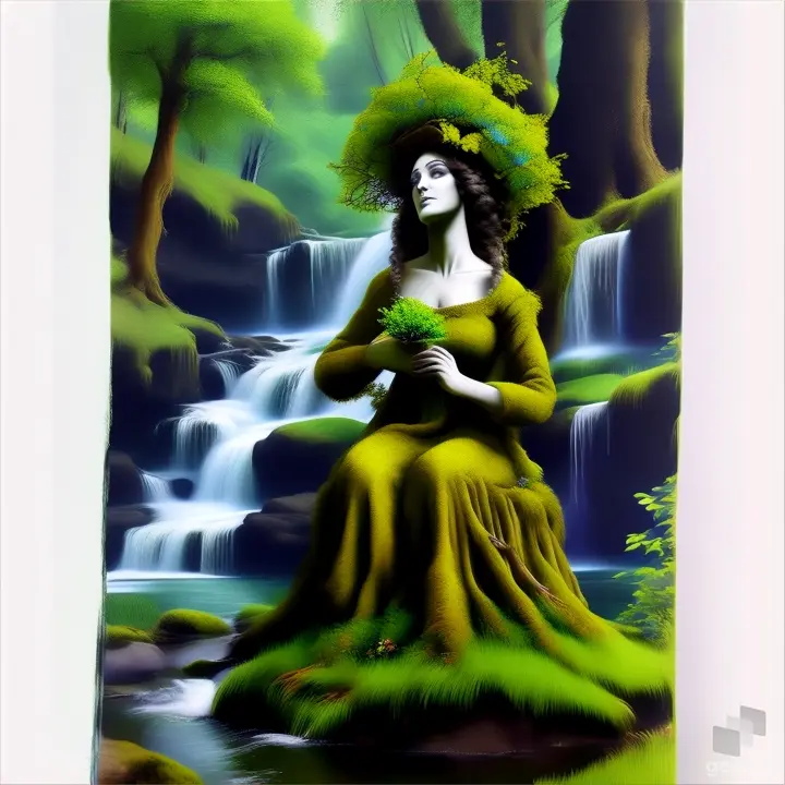 a painting of a woman with a tree on her head