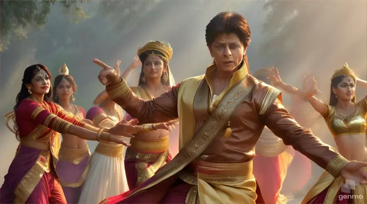 realism/ cinematic / 4k high definition / actor shah rukh khan in indian king costume singing song and dancing at beautiful natural place/ background dancers are dancing in mist