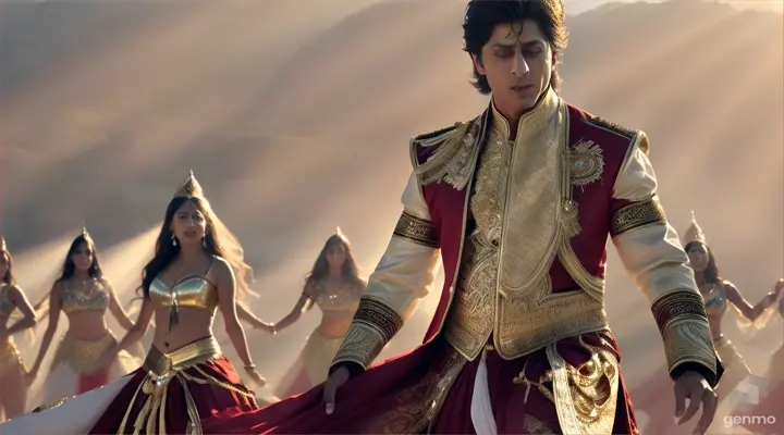 realism/ cinematic / 4k high definition / actor shah rukh khan in indian king costume singing song and dancing at beautiful natural place/ background dancers are dancing in mist