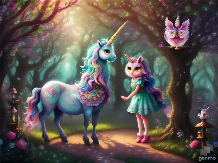 unicorn and owl in the forest, cute detailed digital art, beeple and jeremiah ketner, enchanted magical fantasy forest, adorable digital painting, cute digital art, cute creatures, mythical creatures, background artwork, mark ryden and lisa frank, mlp fanart, magical forest backround, magical creatures, magical fantasy forest, magic fairy forest, magical forest, dream animal cute eyes