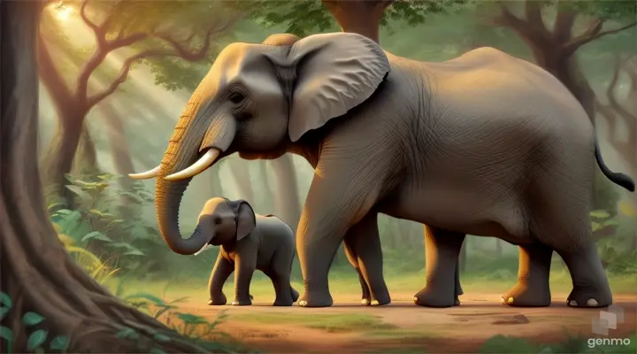  playfull cartoon of a baby and mommy elephants in a forest 16:9 ratio