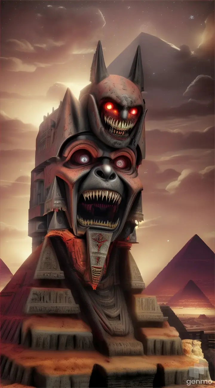 A Thomas the train with creepy red skin meat texture like zombie, big sharp teeth, realistic, background Egypt Pyramid