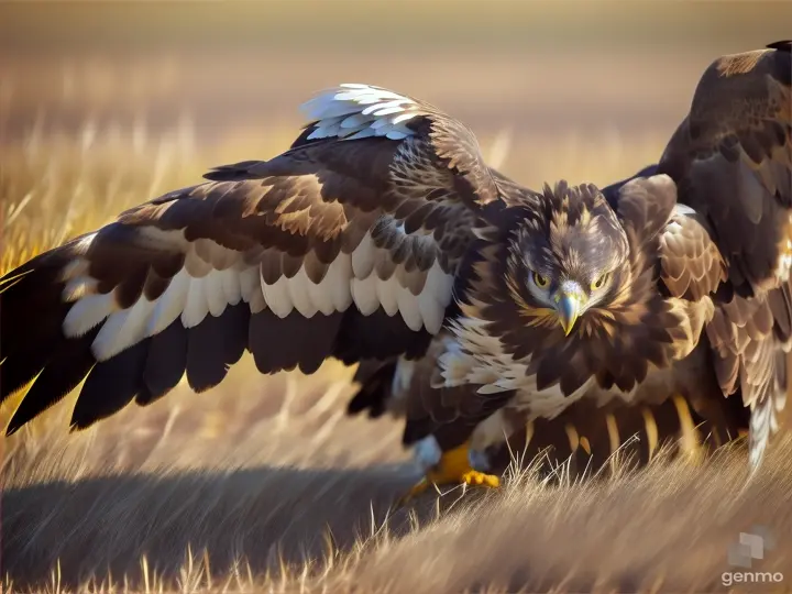 golden eagle lies on the ground with outstretched wings