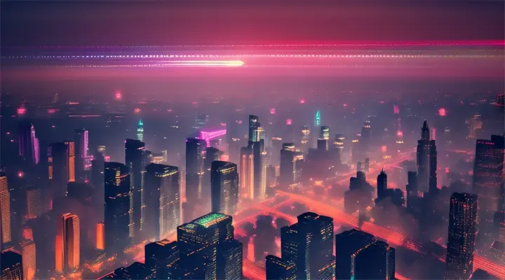 A futuristic cityscape floating on clouds with a vibrant neon color palette and a glitching  in the foreground