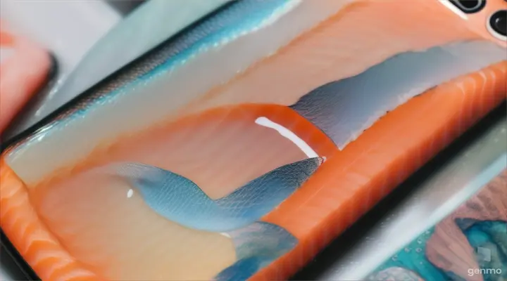 Magazine photography style featuring an iPhone case constructed from salmon, highlighting the product's uniqueness and environmental benefits, in a professional studio setting --ar 16:9"