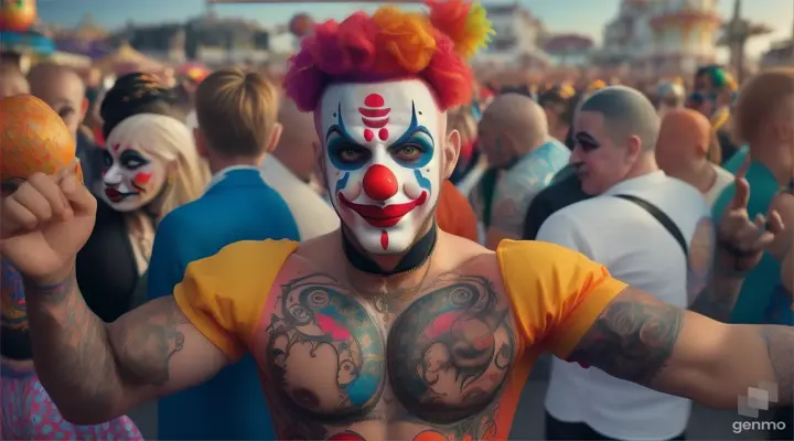 carnaval de sitges, hombre delgado y tattuado  bailando disfrazado de payaso en medio de mucha gente