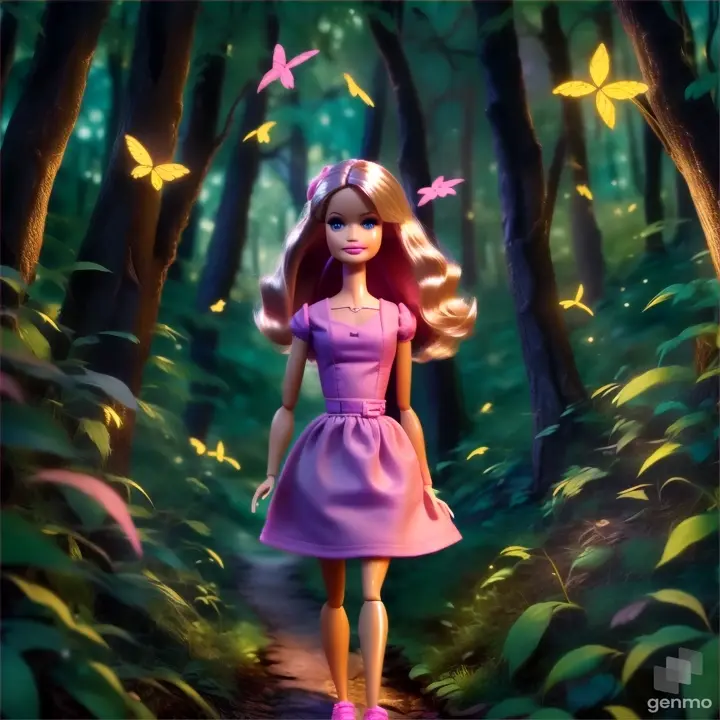 a barbie doll in a pink dress walking through a forest