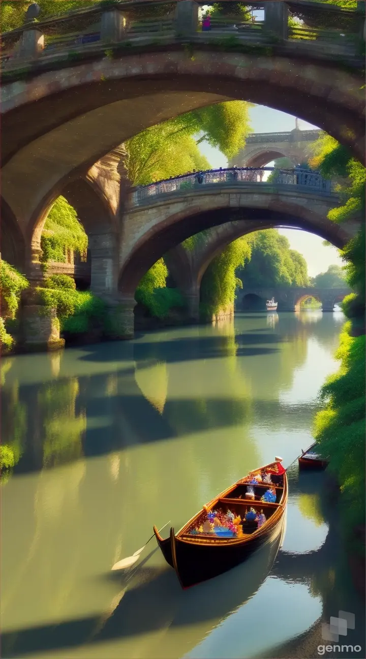 a group of people riding a boat down a river under a bridge