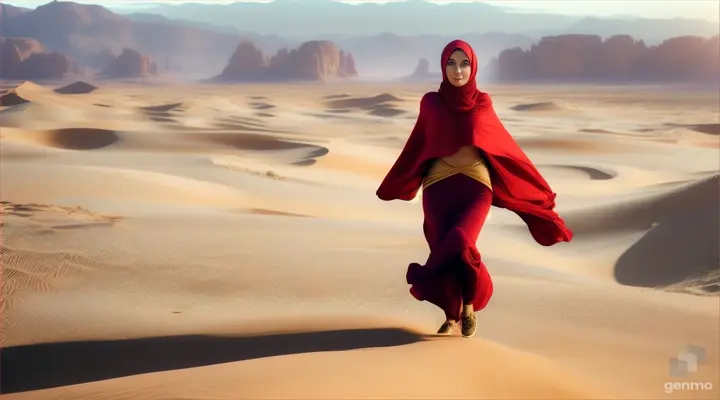 woman in red hijab running in desert