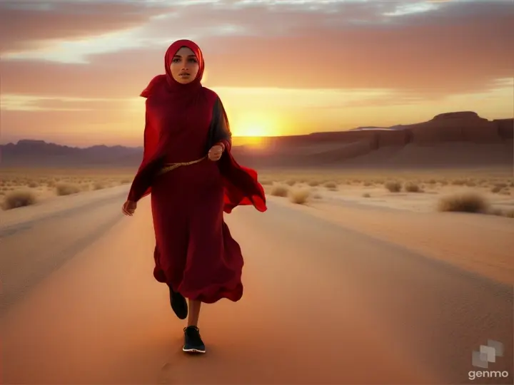 woman in red hijab running in desert