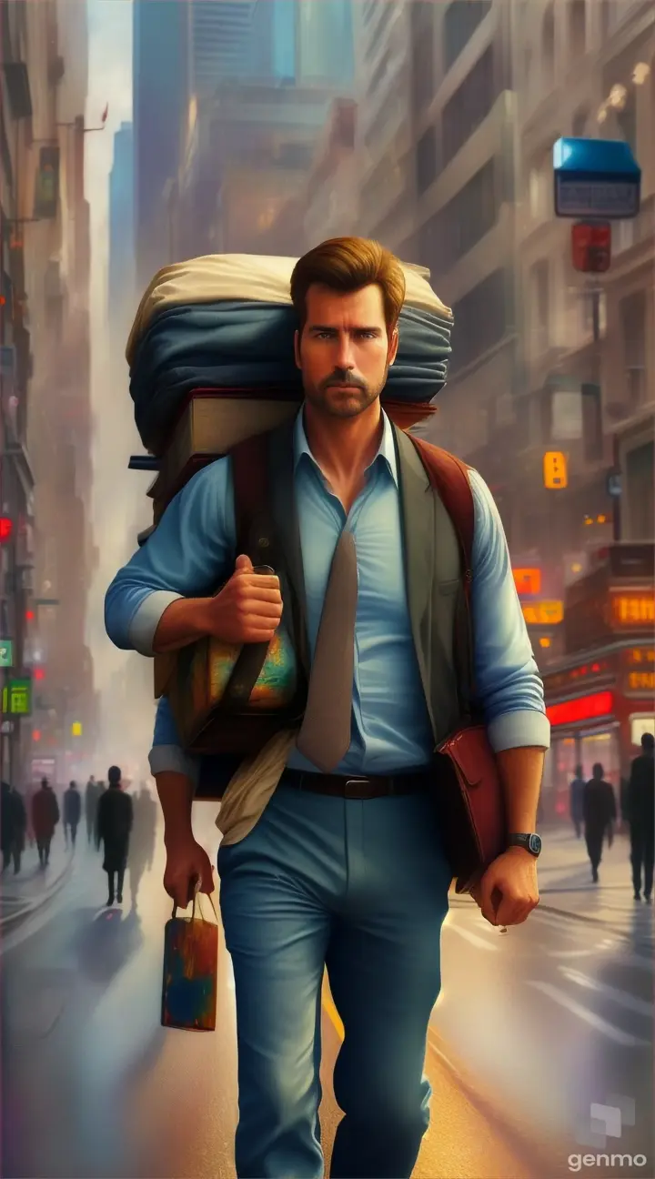 A realistic painting of a guy that is carrying a heavy load and answering call with handset in a bustling city