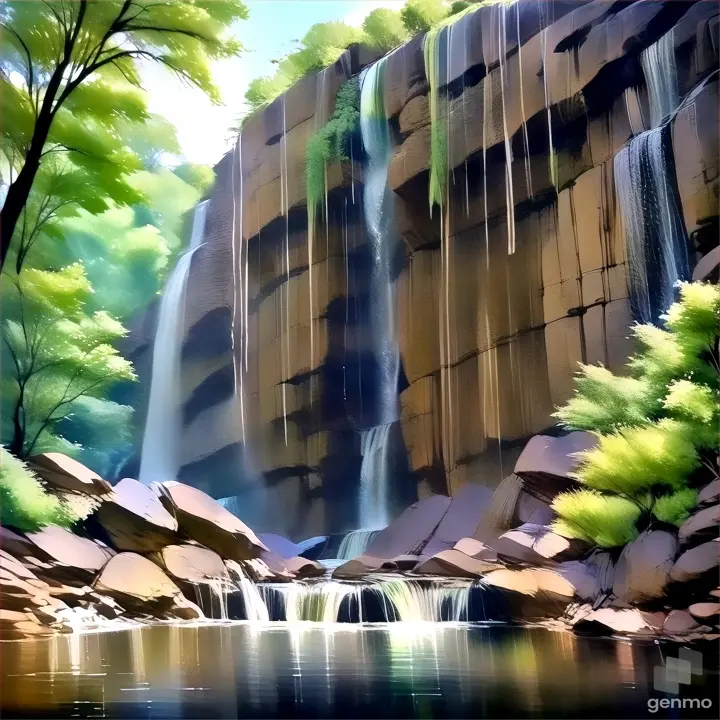 a painting of a waterfall in the middle of a forest