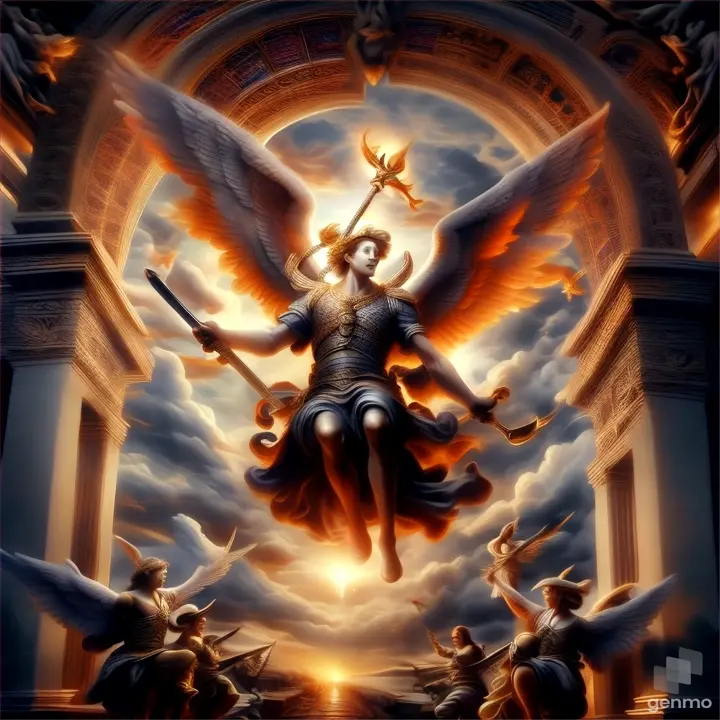 a painting of an angel holding a sword and surrounded by angels