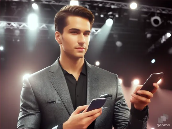a man standing on a stage holding a cell phone