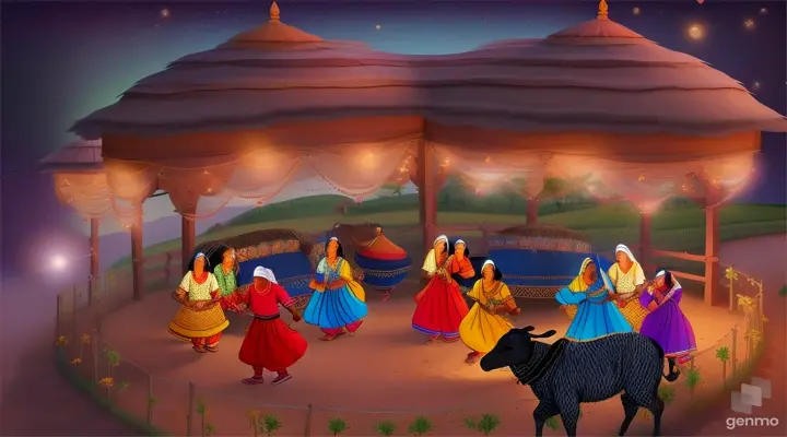 a playfull cartoon of a groupi of indian farmers in a farm during night in 16:9 ratio