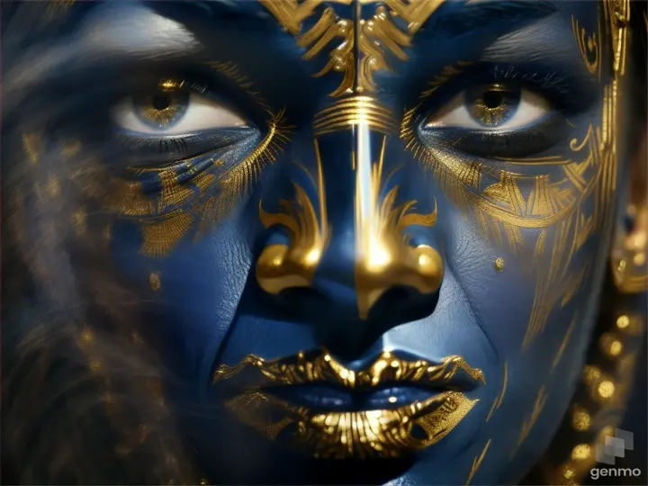 Close-up of dark blue wood grained face with gold streaks, in the style of photography, in the style of cinematic:: wood grained face, blue