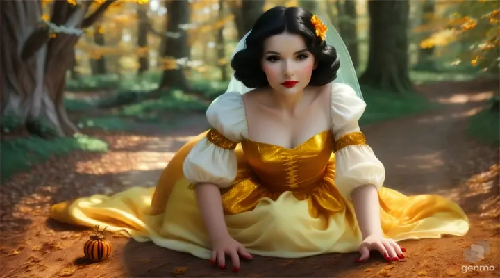 Snow White real model covered in honey getting up from the ground full  color 