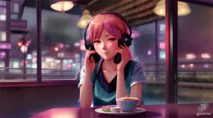 Anime woman sitting in a beautiful cafe at night, drinking coffee, rain, headphone, Ghibli style