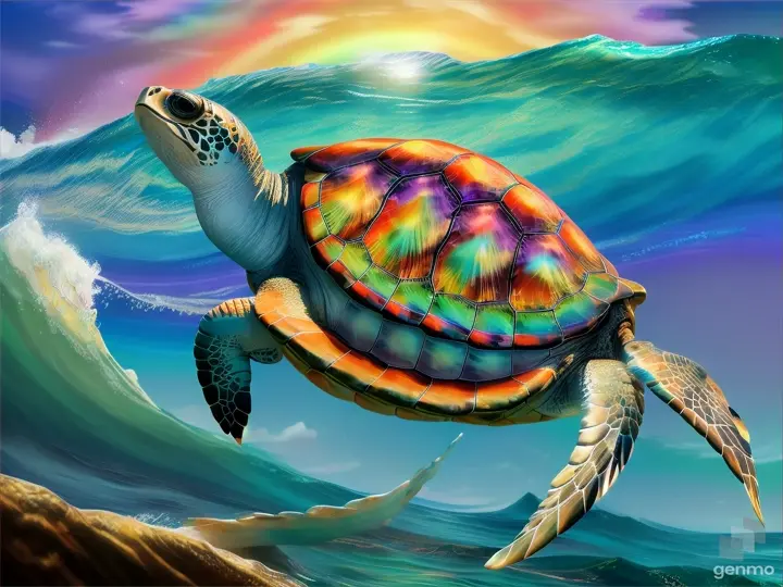 a detailed image of a sea turtle in charcoal with butterfly wings, rainbow colored dripping paint on its face and flowing over the side of its eyes, on top is an ocean wave, dramatic background, pastel colors