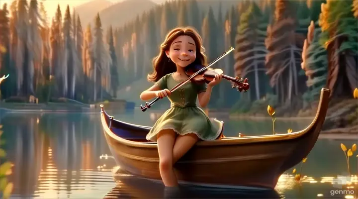 A young beautiful girl with long hair, the girl smiles, the girl plays the violin while standing on the boat on the lake, surrounded by the forest