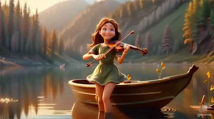 A young beautiful girl with long hair, the girl smiles, the girl plays the violin while standing on the boat on the lake, surrounded by the forest