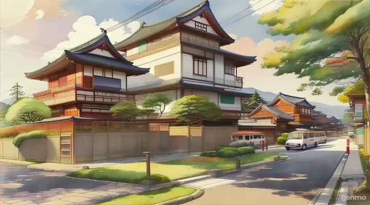 Expressive watercolor sketches of Japan landscape exterior for a front one-building it tall 3rd floors practice drawing by hand paint. Colorful earth tone illustrations of inviting and cozy Japanese houses. small tree, pole, bike parked, plant pot, vending machine, literally looks for exciting or interesting places they can then use as a source for their illustrations. few detailed, smooth stroke, fade line. cut-off white background. Maximum sophistication..-16:9